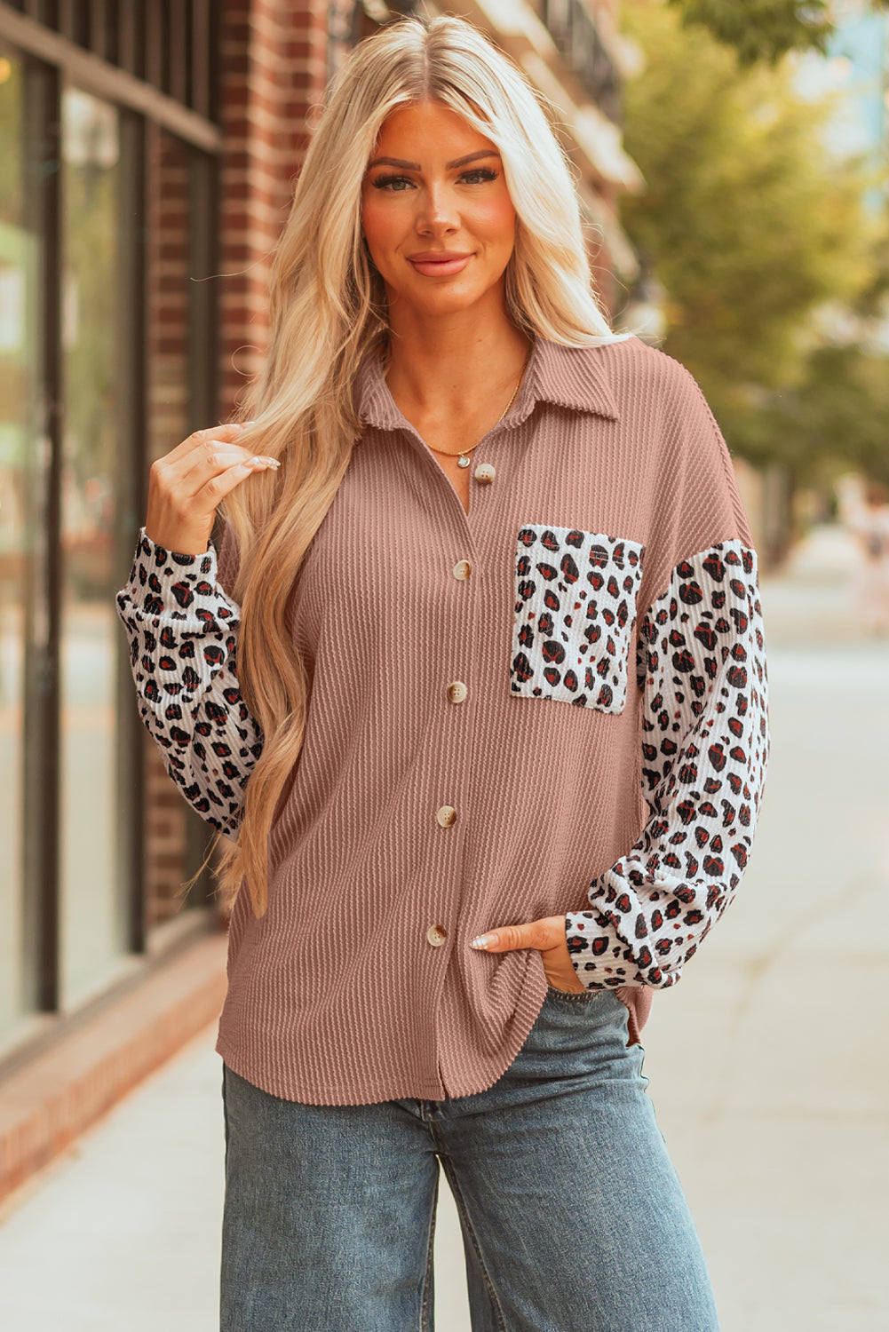 Journee Leopard Ribbed Casual Shacket-4