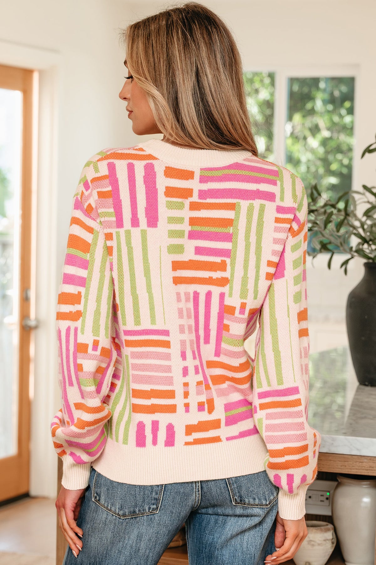 Tru Pattern Puff Sleeve Sweater-1