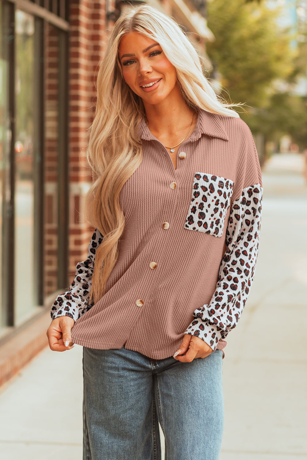 Journee Leopard Ribbed Casual Shacket-3