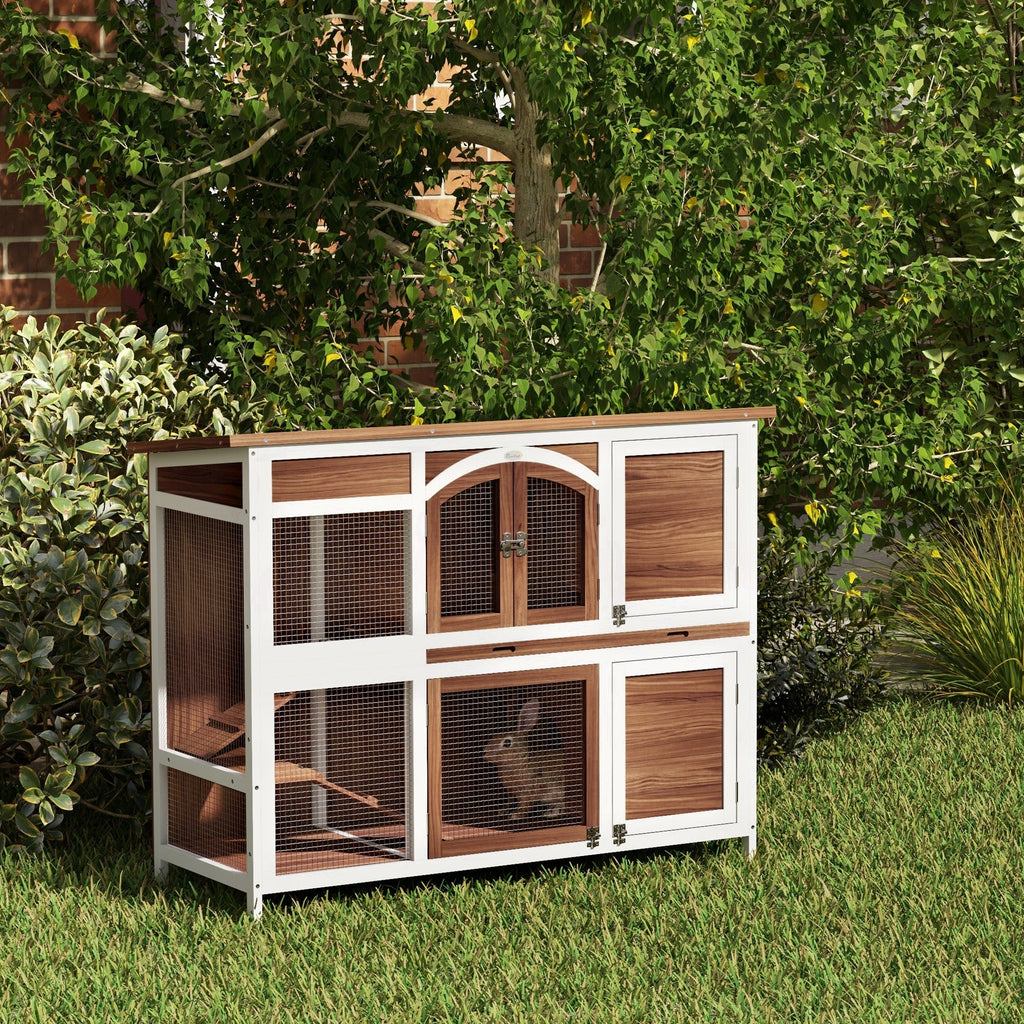 Two-Tier Wooden Rabbit Hutch with Openable Roof & Tray