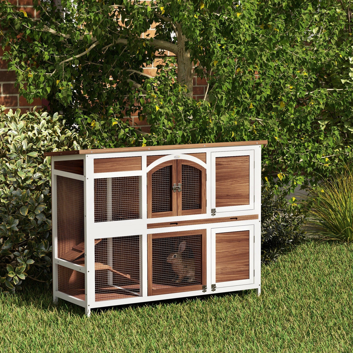 Two-Tier Wooden Rabbit Hutch with Openable Roof & Tray