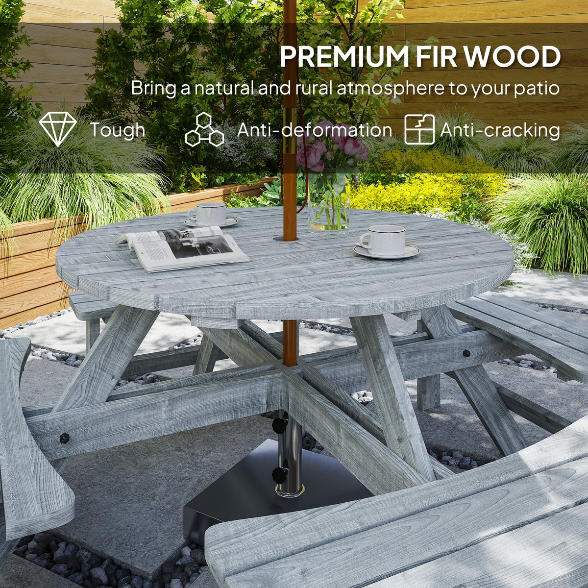 8-Seater Round Wooden Pub Bench and Picnic Table-4