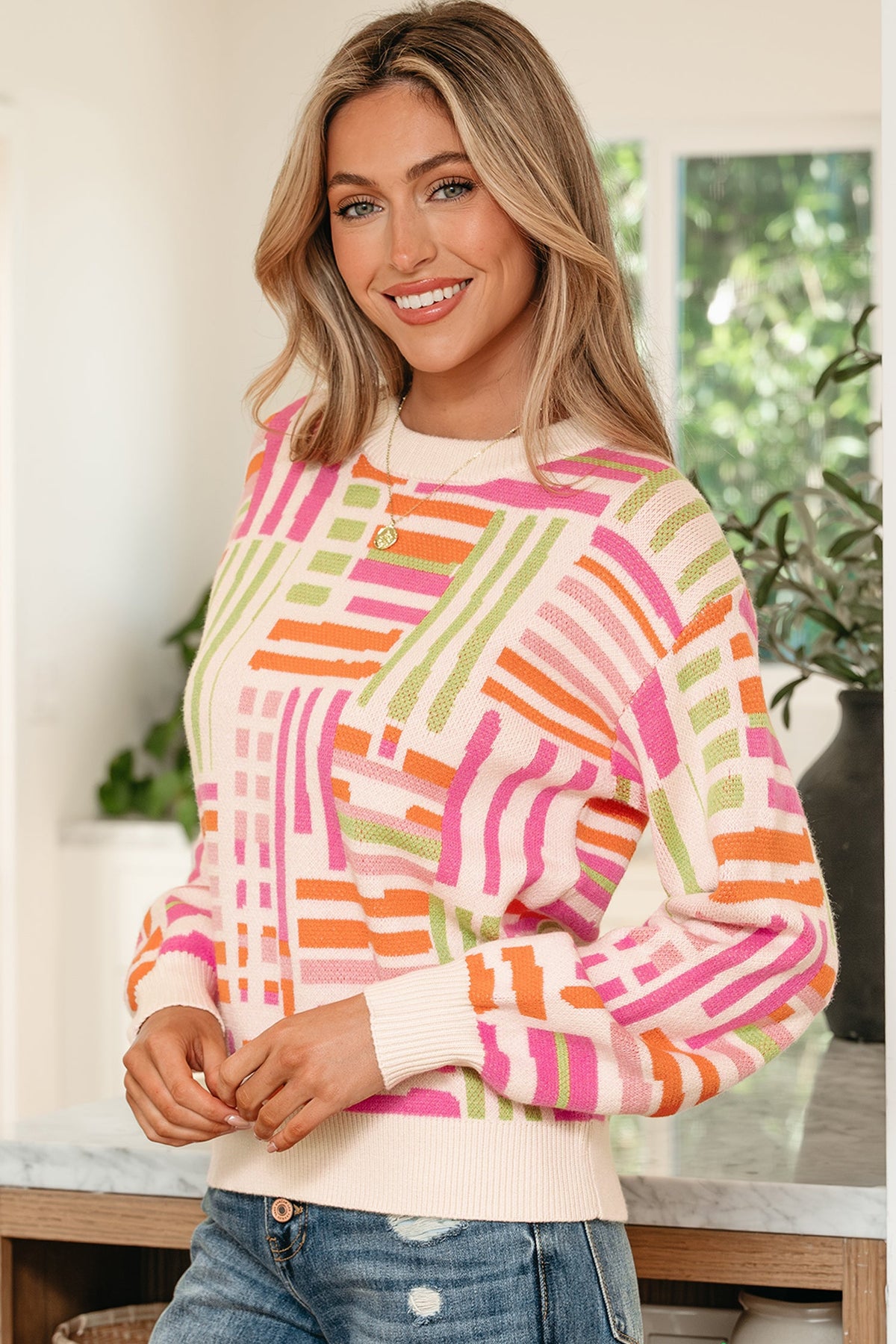 Tru Pattern Puff Sleeve Sweater-2