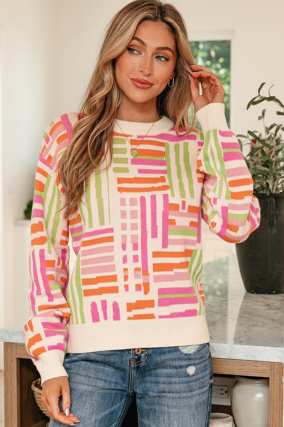 Tru Pattern Puff Sleeve Sweater-4