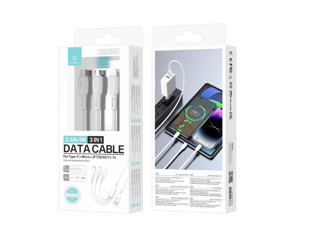 Techancy Cabo 3 em 1 TB1742, 2.4A, 1m Branco, USB-C/Micro/Lightning, CompatIvel com Dispositivos Diversos, Design Resistente-4