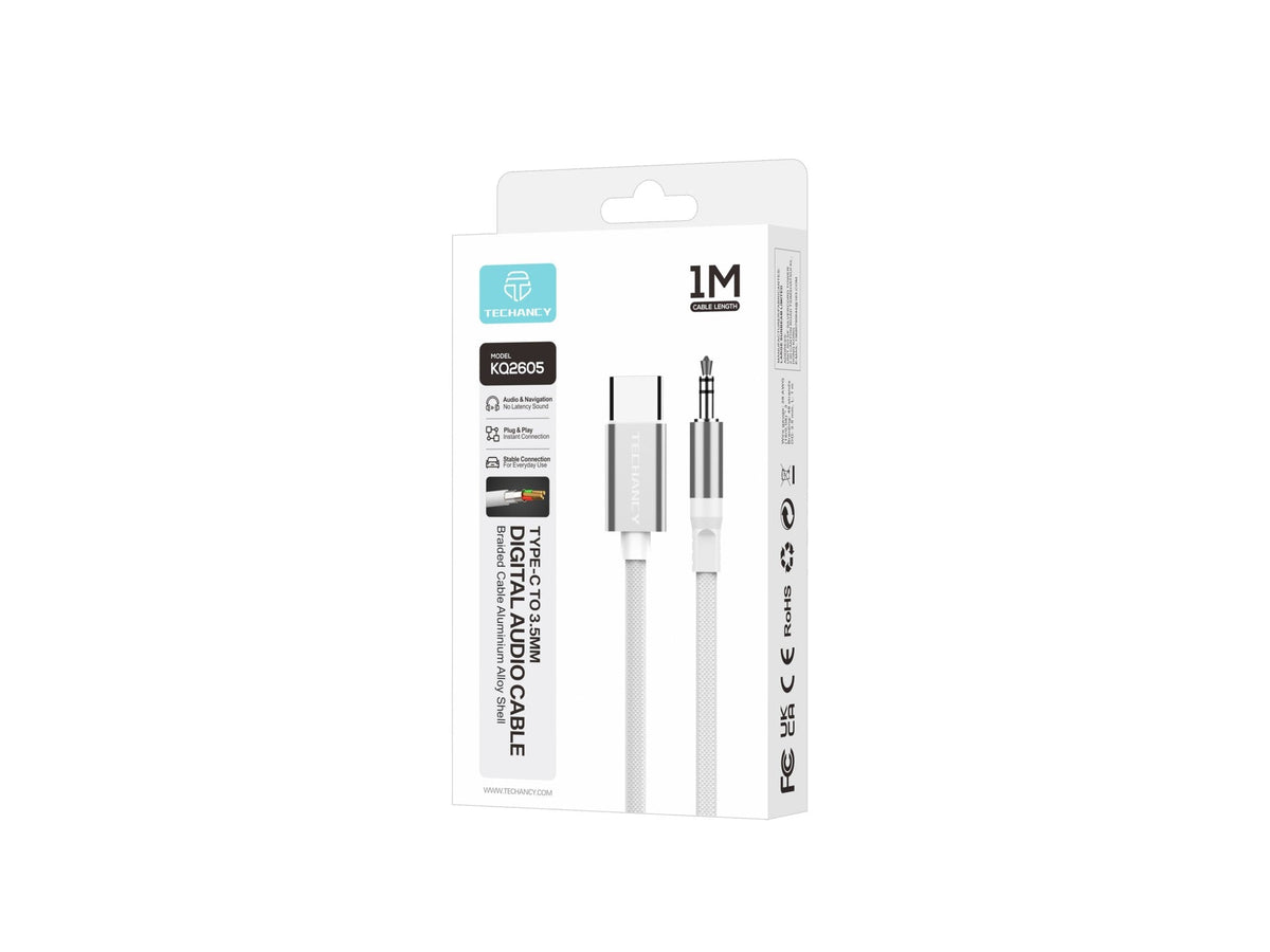 Techancy Cabo Audio Digital KQ2605 Type-C para 3.5mm, 1M, Trancado, Compativel com Telemovel, Carro e Auscultadores, Branco