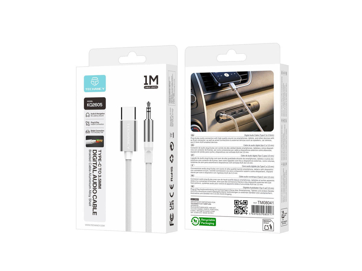 Techancy Cabo Audio Digital KQ2605 Type-C para 3.5mm, 1M, Trancado, Compativel com Telemovel, Carro e Auscultadores, Branco