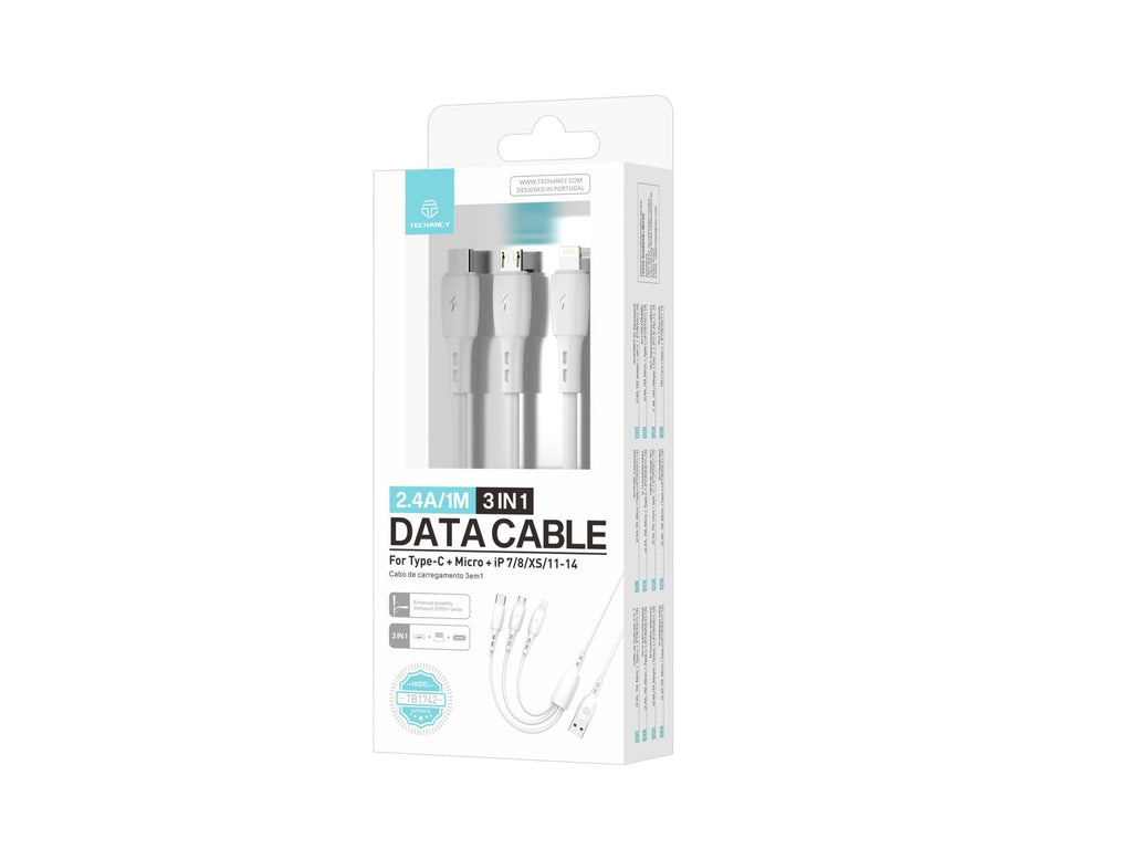 Techancy Cabo 3 em 1 TB1742, 2.4A, 1m Branco, USB-C/Micro/Lightning, CompatIvel com Dispositivos Diversos, Design Resistente-3