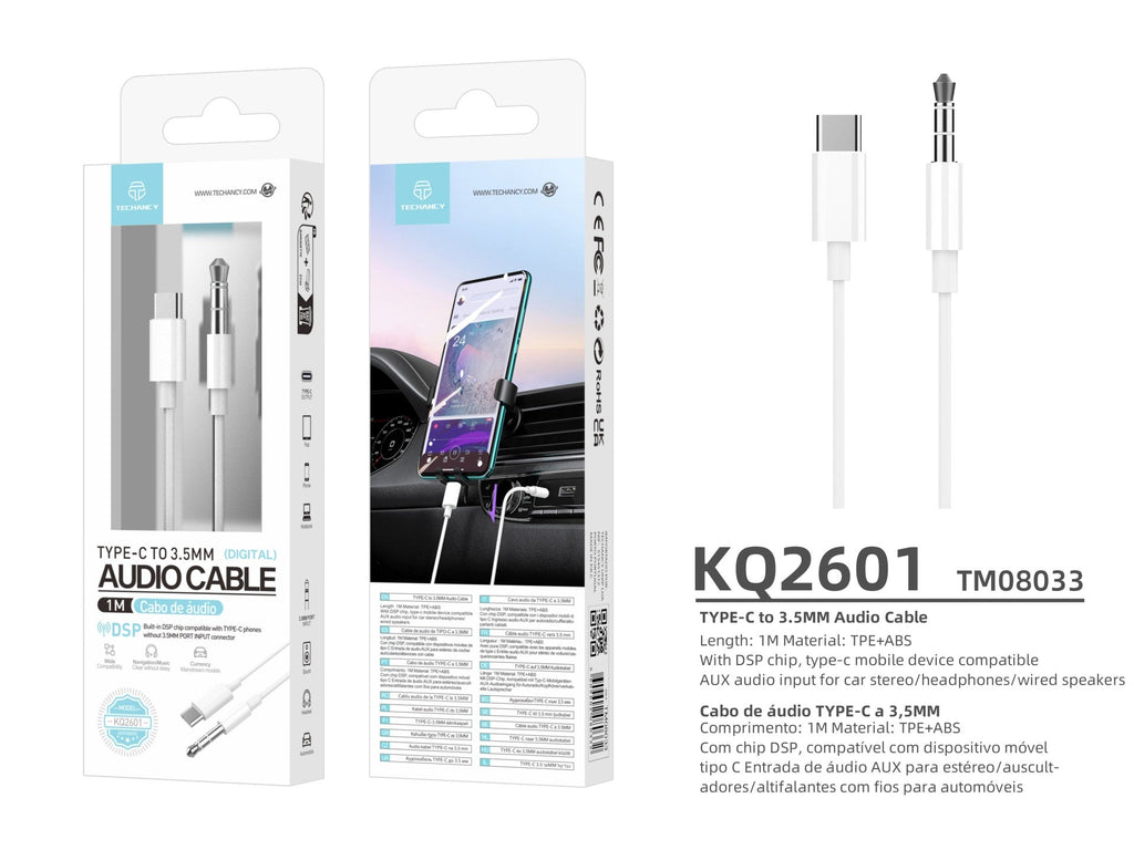 Techancy Cabo Áudio KQ2601, Compatível Com O Conetor Type-Cto3.5mm, 1m, Estável E Fiável. Qualidade De Som Nítida-2