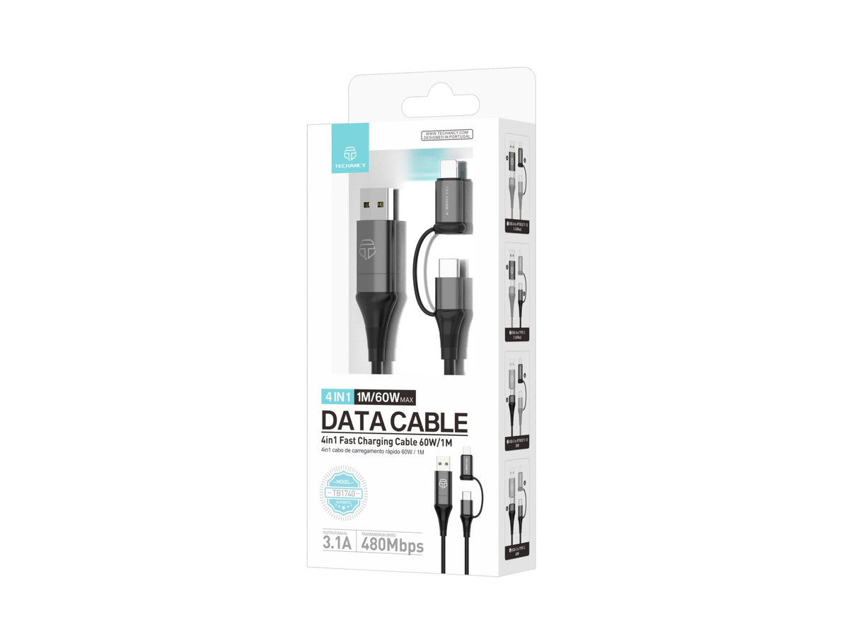 Techancy Cabo De Dados Multifunções 4 Em 1 Preto TB1740, 60w/1m, Usb/Usb C Para  Tipo C/Lightning, Suporta Transmissão De Dados-4