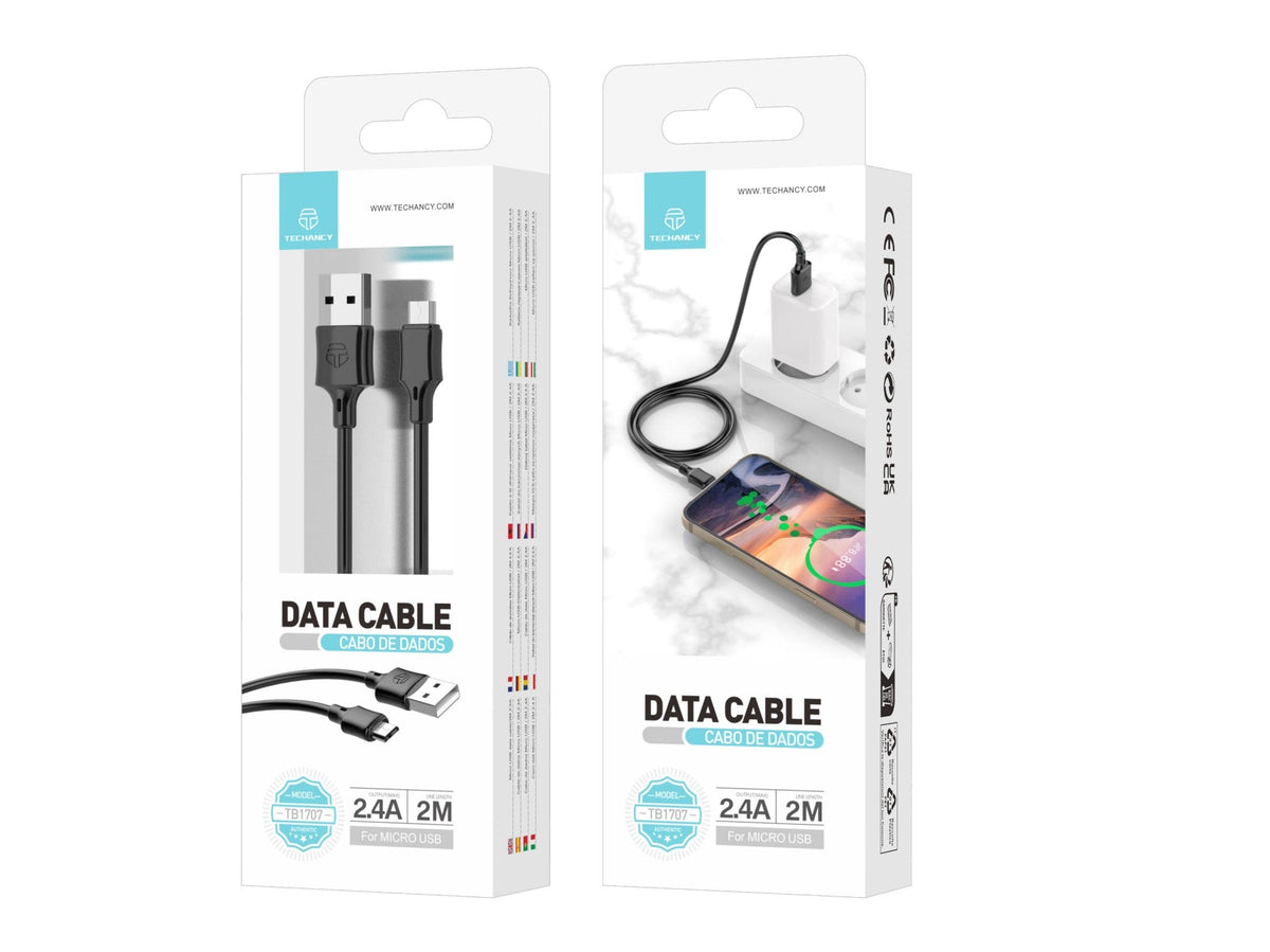 Techancy Cabo De Dados Usb-Micro Preto TB1707, 2 M De Distância, 2,4 A De Carregamento, Compatível Com Microdispositivos-1