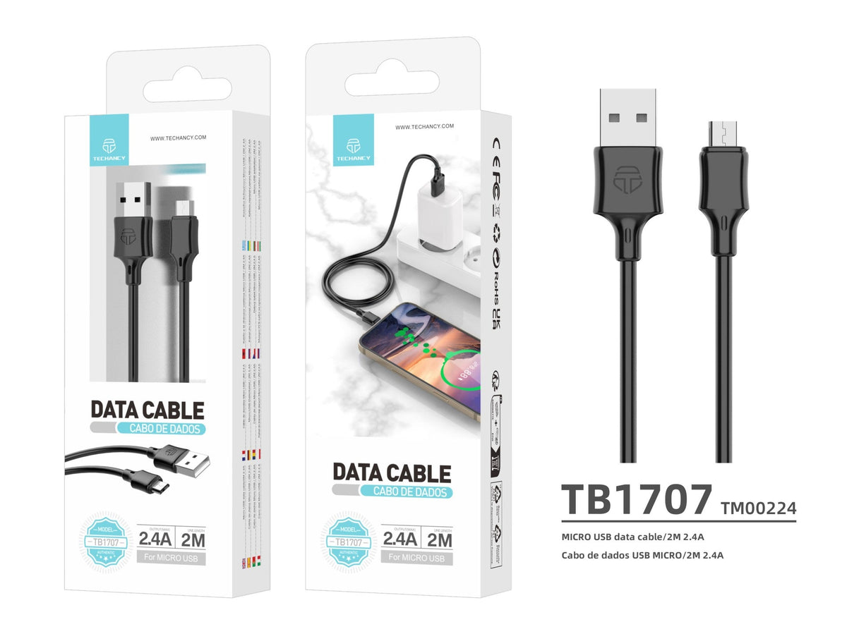 Techancy Cabo De Dados Usb-Micro Preto TB1707, 2 M De Distância, 2,4 A De Carregamento, Compatível Com Microdispositivos