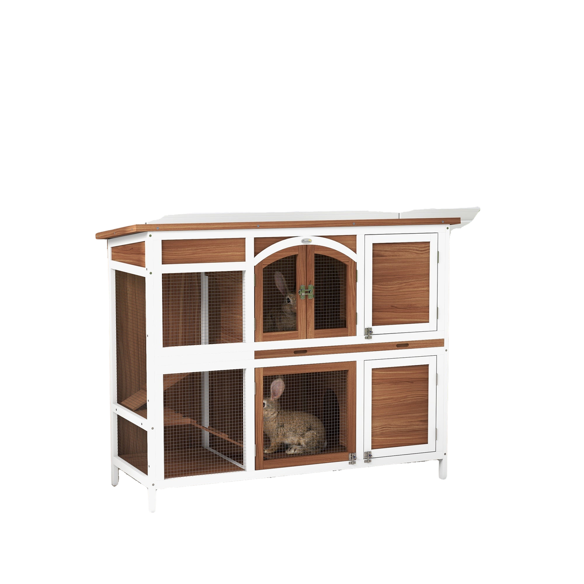 Two-Tier Wooden Rabbit Hutch with Openable Roof & Tray